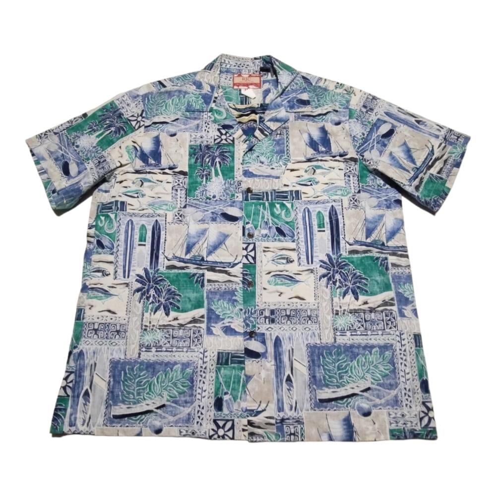 RJC Mens XL Blue Gray Short Sleeve Button Up Graphic Hawaiian Shirt EUC